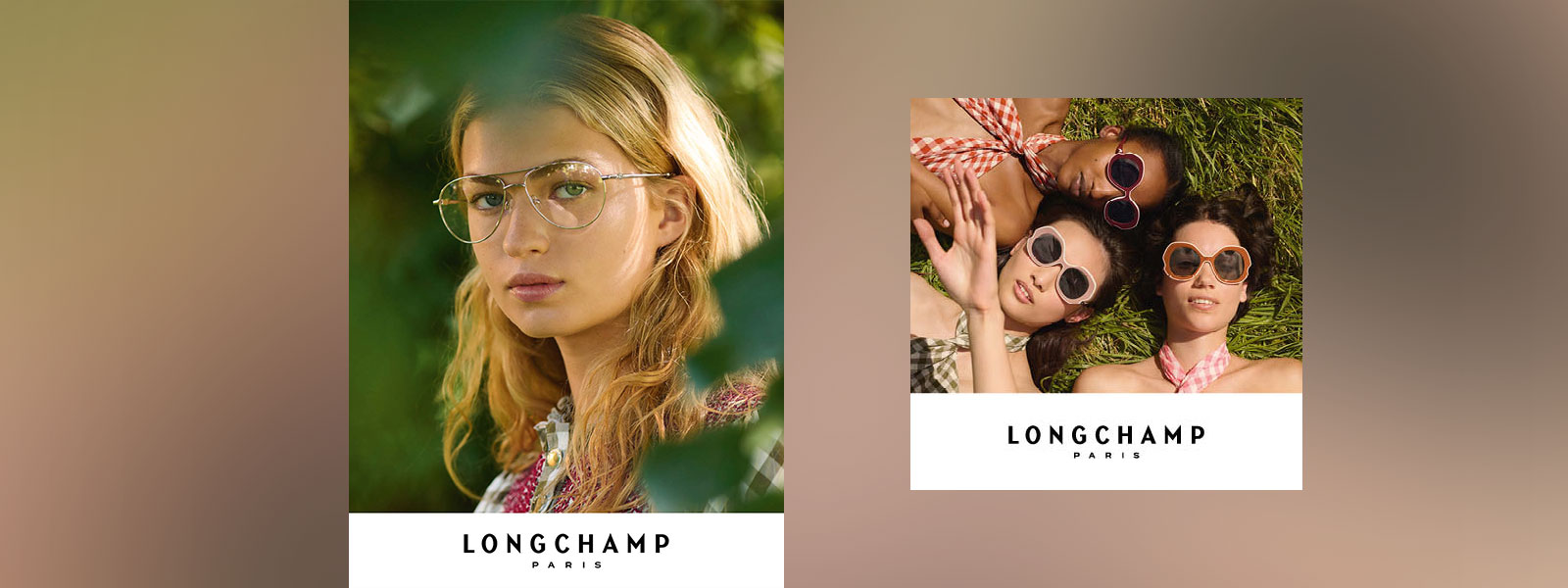 Longchamp: Linke Bildseite zeigt eine Frau mit Brille; Rechte Bildseite zeigt eine Gruppe aus drei Frauen, die jeweils eine Sonnenbrille tragen